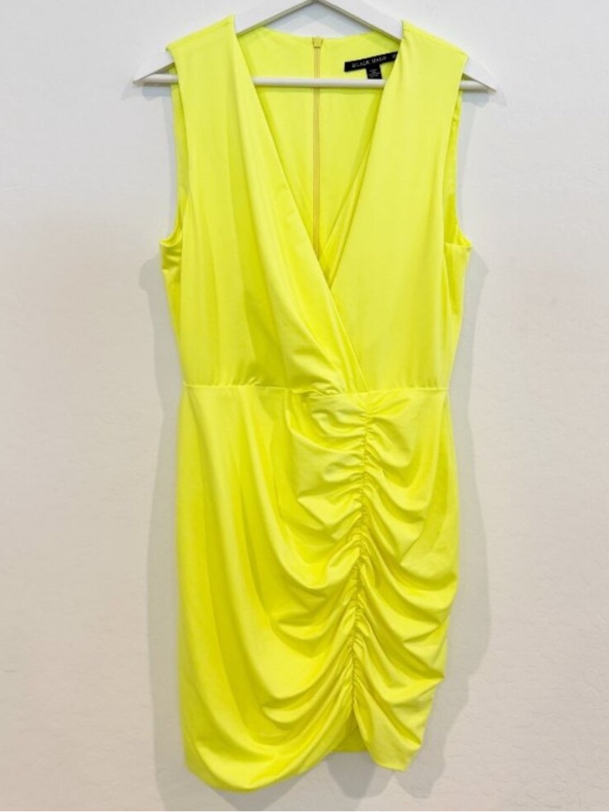 Black Halo Oakley Dress Size 10 Yellow Lemon Glow Ruched Jersey Mini Neon Luxury